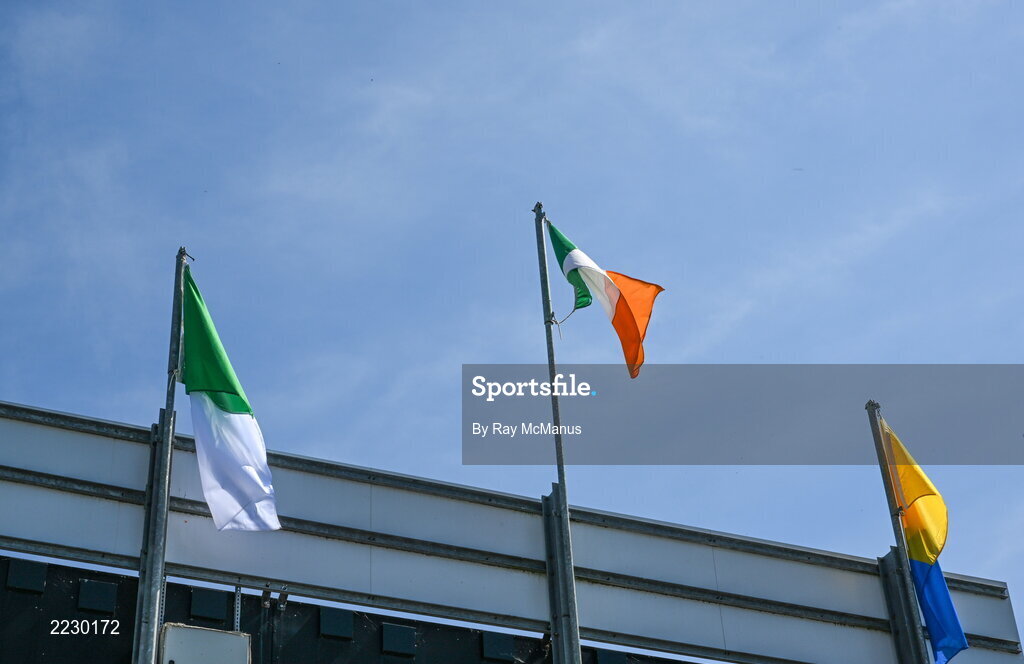 15 May 2022; The Tri-Colour, Limerick and Clare flags in the nominal wind before the Munster GAA Hurling Senior Championship Round 4 match between Clare and Limerick at Cusack Park in Ennis, Clare. Photo by Ray McManus/Sportsfile