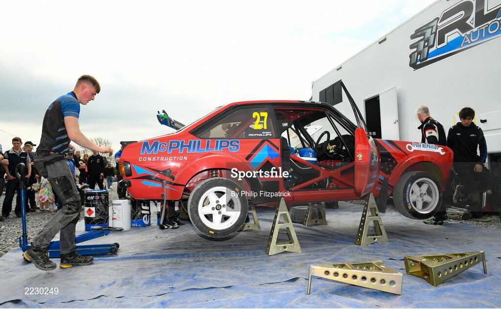 15 May 2022; Gary McPhillips in a Ford Escort in service during the Carlow Rally Round 4 of the National Championship in Tullow Co. Carlow. Photo by Philip Fitzpatrick/Sportsfile