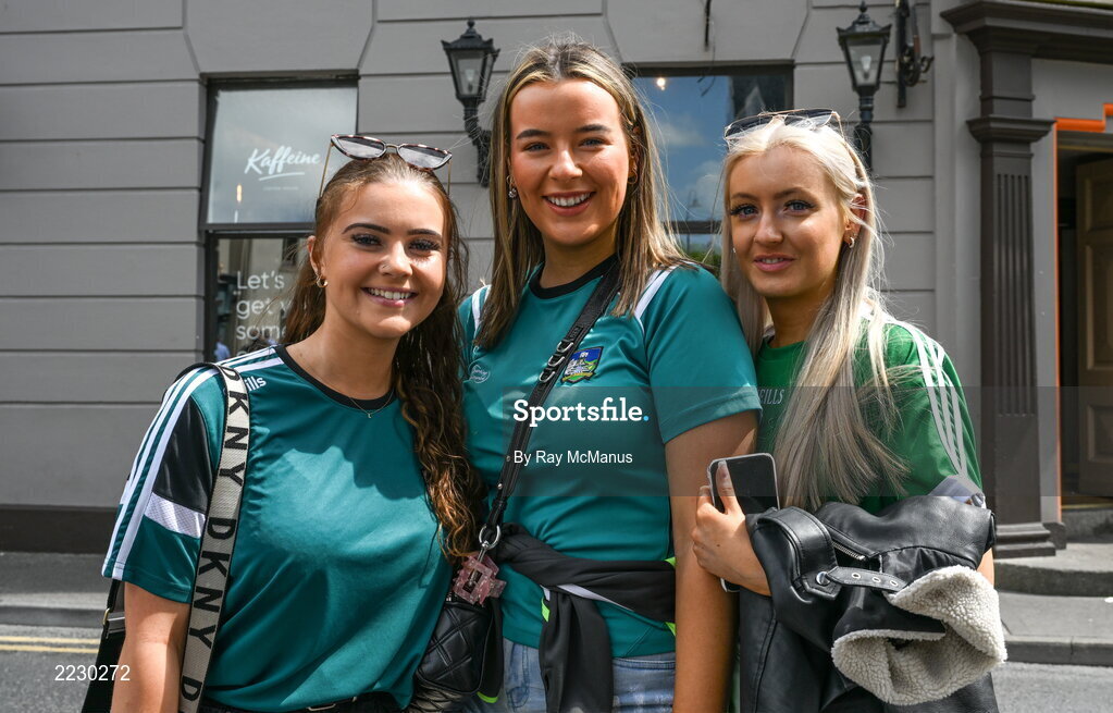 15 May 2022; Limerick supporters Laoise Shanahan, Croom, Cathy Delaney, Mungrit, and Ciara Downey, from Pallaskenry, before the Munster GAA Hurling Senior Championship Round 4 match between Clare and Limerick at Cusack Park in Ennis, Clare. Photo by Ray McManus/Sportsfile
