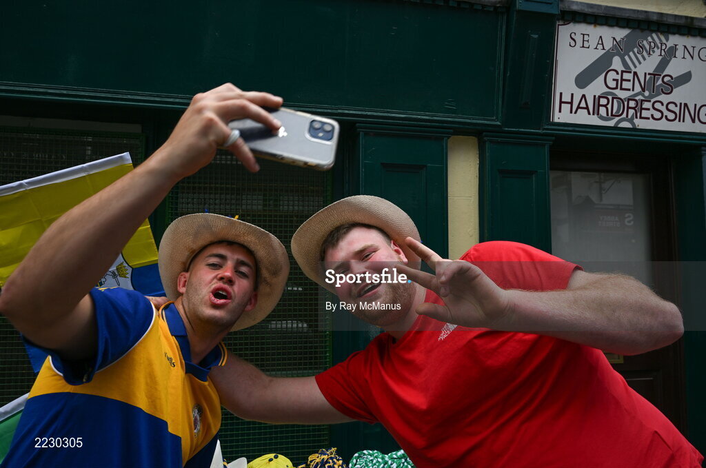 15 May 2022; Clare supporters David McNamara, left, and Eoin Frawley before the Munster GAA Hurling Senior Championship Round 4 match between Clare and Limerick at Cusack Park in Ennis, Clare. Photo by Ray McManus/Sportsfile