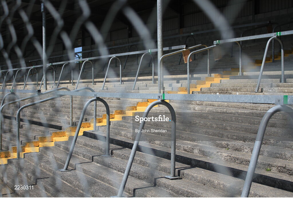 15 May 2022; A view of the empty terraces before the Munster GAA Hurling Senior Championship Round 4 match between Clare and Limerick at Cusack Park in Ennis, Clare. Photo by John Sheridan/Sportsfile