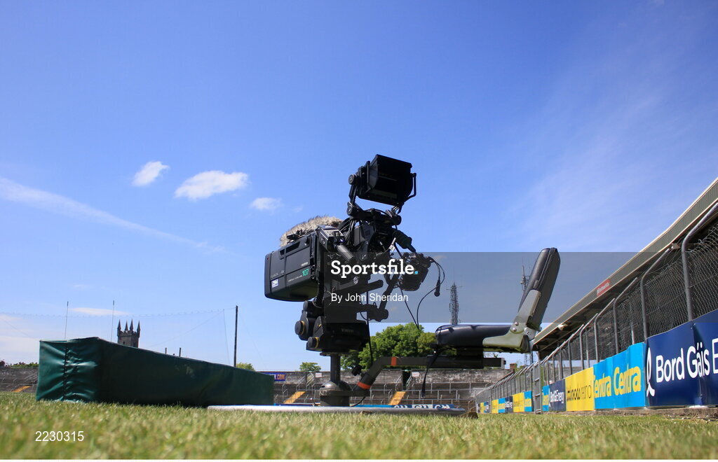 15 May 2022; A view of a TV camera before the Munster GAA Hurling Senior Championship Round 4 match between Clare and Limerick at Cusack Park in Ennis, Clare. Photo by John Sheridan/Sportsfile