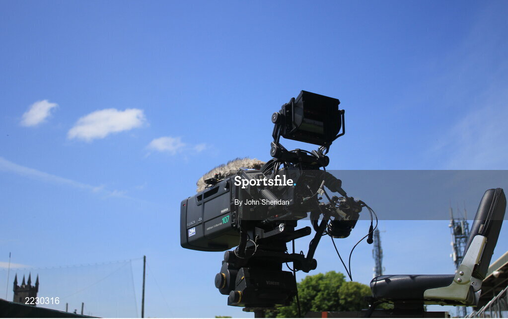 15 May 2022; A view of a TV camera before the Munster GAA Hurling Senior Championship Round 4 match between Clare and Limerick at Cusack Park in Ennis, Clare. Photo by John Sheridan/Sportsfile