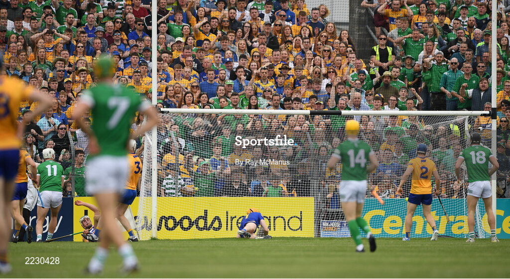 15 May 2022; Clare goalkeeper Eibhear Quilligan is beaten for Limerick's first goal scored by Kyle Hayes, 11, during the Munster GAA Hurling Senior Championship Round 4 match between Clare and Limerick at Cusack Park in Ennis, Clare. Photo by Ray McManus/Sportsfile