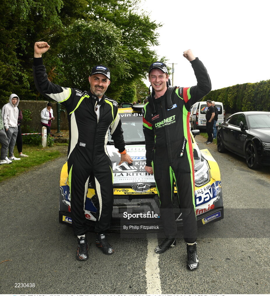 15 May 2022; Josh Moffett and Keith Moriarty in a Hyundai R5 celebrate after winning the Carlow Rally Round 4 of the National Championship in in Kildavin Co. Carlow. Photo by Philip Fitzpatrick/Sportsfile
