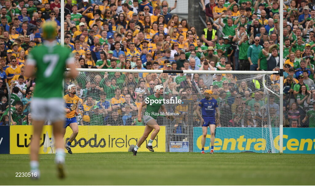 15 May 2022; Kyle Hayes, 11, of Limerick celebrates scoring a first half goal during the Munster GAA Hurling Senior Championship Round 4 match between Clare and Limerick at Cusack Park in Ennis, Clare. Photo by Ray McManus/Sportsfile
