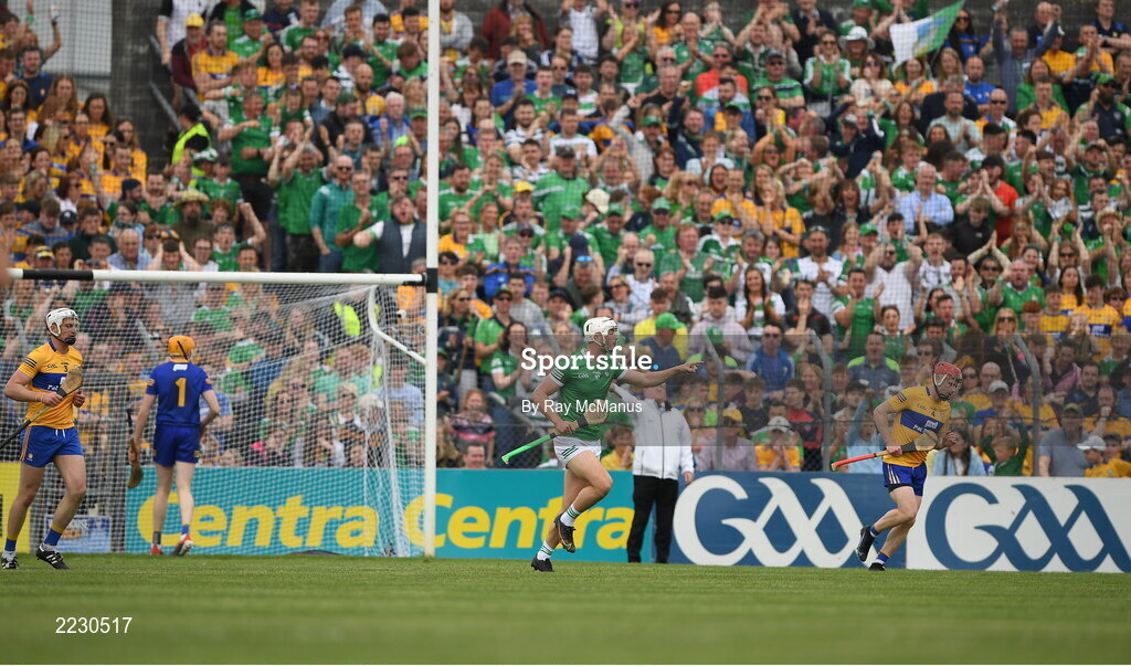15 May 2022; Kyle Hayes, 11, of Limerick celebrates scoring a first half goal during the Munster GAA Hurling Senior Championship Round 4 match between Clare and Limerick at Cusack Park in Ennis, Clare. Photo by Ray McManus/Sportsfile