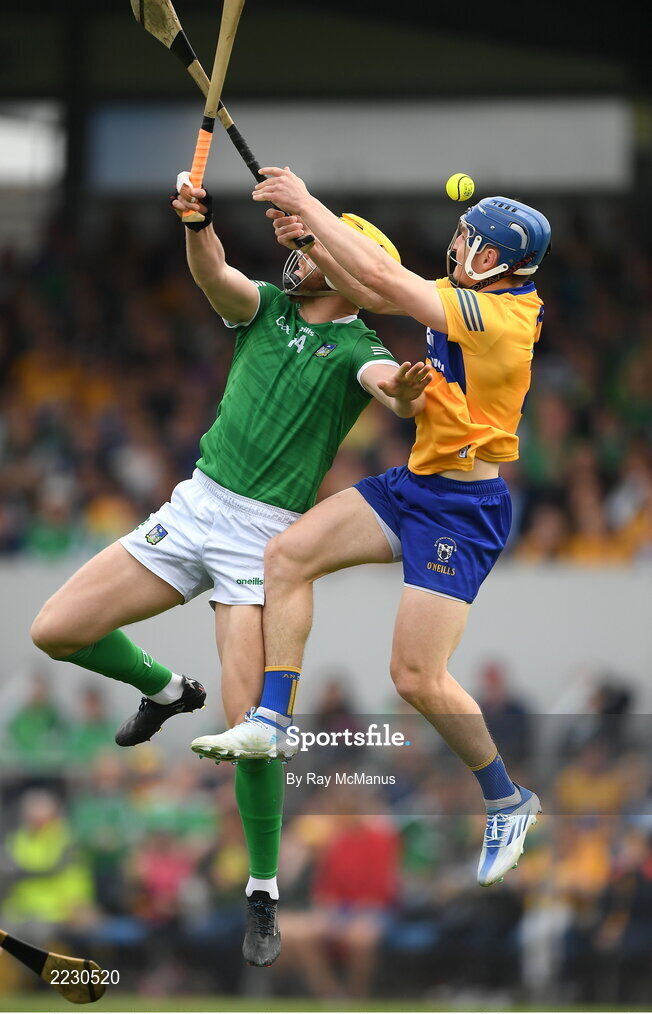 15 May 2022; Séamus Flanagan of Limerick is tackled by Rory Hayes of Clare during the Munster GAA Hurling Senior Championship Round 4 match between Clare and Limerick at Cusack Park in Ennis, Clare. Photo by Ray McManus/Sportsfile