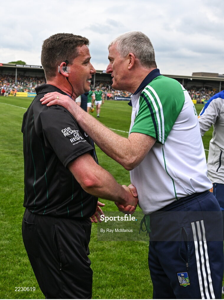 15 May 2022; Limerick manager John Kiely shakes hands with referee Colm Lyons after the Munster GAA Hurling Senior Championship Round 4 match between Clare and Limerick at Cusack Park in Ennis, Clare. Photo by Ray McManus/Sportsfile