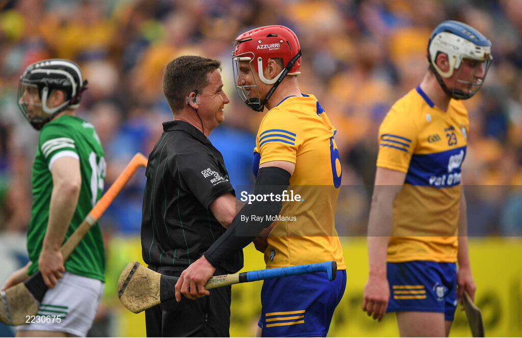 15 May 2022; Referee Colm Lyons with John Conlon of Clare after the Munster GAA Hurling Senior Championship Round 4 match between Clare and Limerick at Cusack Park in Ennis, Clare. Photo by Ray McManus/Sportsfile