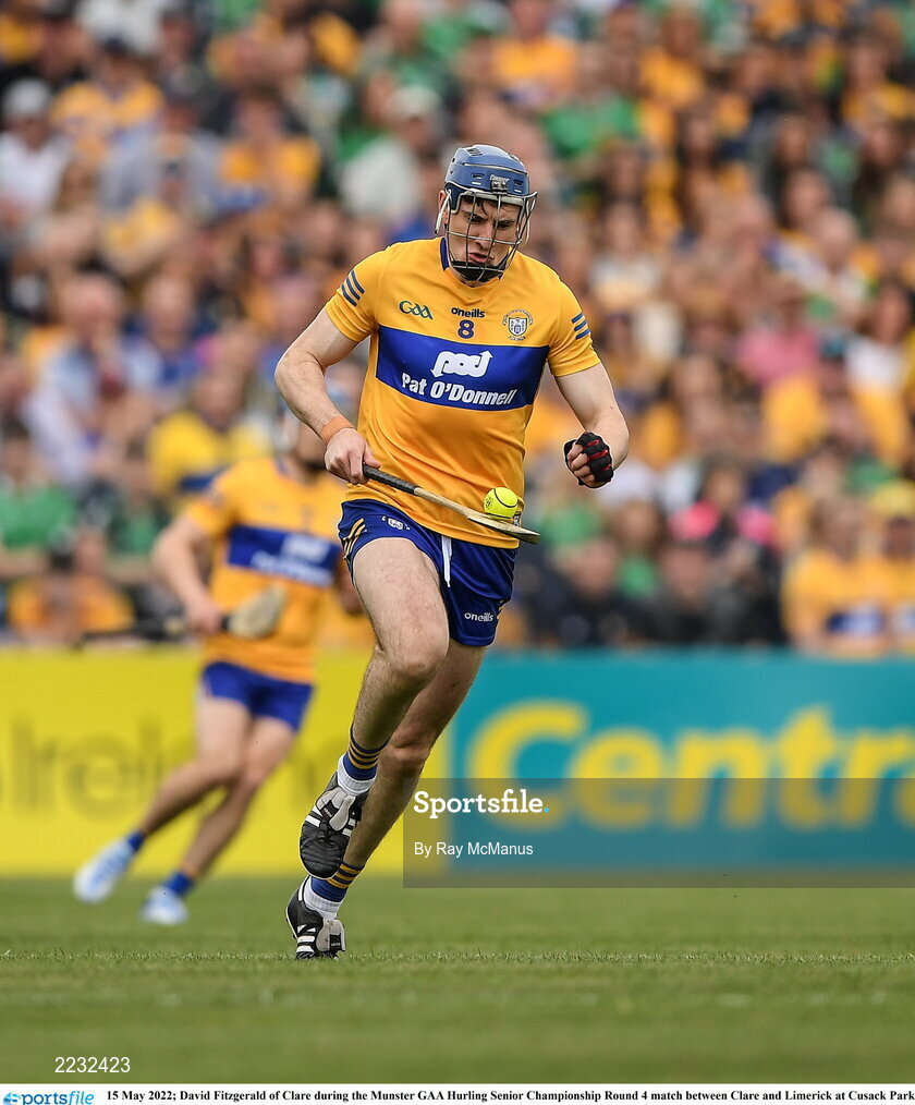 15 May 2022; David Fitzgerald of Clare during the Munster GAA Hurling Senior Championship Round 4 match between Clare and Limerick at Cusack Park in Ennis, Clare. Photo by Ray McManus/Sportsfile