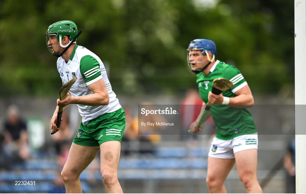 15 May 2022; Limerick goalkeeper Nickie Quaid and Mike Casey of Limerick during the Munster GAA Hurling Senior Championship Round 4 match between Clare and Limerick at Cusack Park in Ennis, Clare. Photo by Ray McManus/Sportsfile