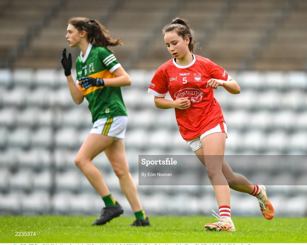 21 May 2022; Éimear Walsh of Cork celebrates after scoring her side's first goal during the Ladies Football U14 All-Ireland Platinum Final match between Cork and Kerry at Páirc Uí Rinn in Cork. Photo by Eóin Noonan/Sportsfile