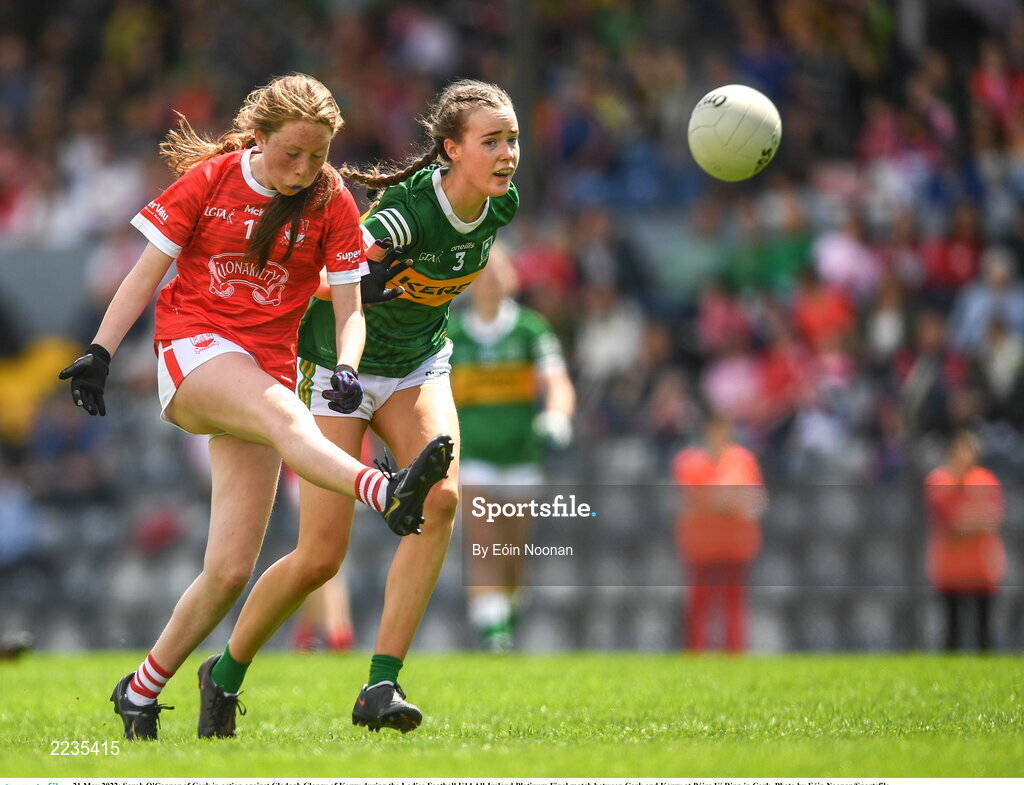21 May 2022; Sarah O'Connor of Cork in action against Clodagh Clancy of Kerry during the Ladies Football U14 All-Ireland Platinum Final match between Cork and Kerry at Páirc Uí Rinn in Cork. Photo by Eóin Noonan/Sportsfile