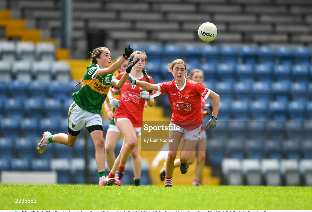 21 May 2022; Pheobe O'Shea of Kerry in action against Lauren Finnegan of Cork during the Ladies Football U14 All-Ireland Platinum Final match between Cork and Kerry at Páirc Uí Rinn in Cork. Photo by Eóin Noonan/Sportsfile