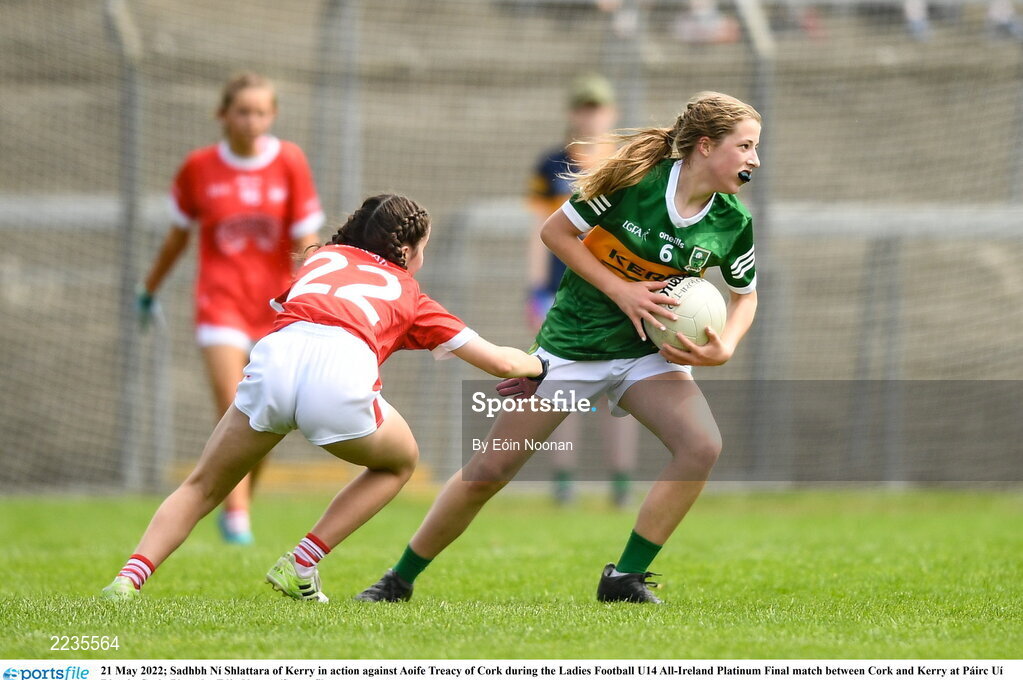 21 May 2022; Sadhbh Ní Shlattara of Kerry in action against Aoife Treacy of Cork during the Ladies Football U14 All-Ireland Platinum Final match between Cork and Kerry at Páirc Uí Rinn in Cork. Photo by Eóin Noonan/Sportsfile