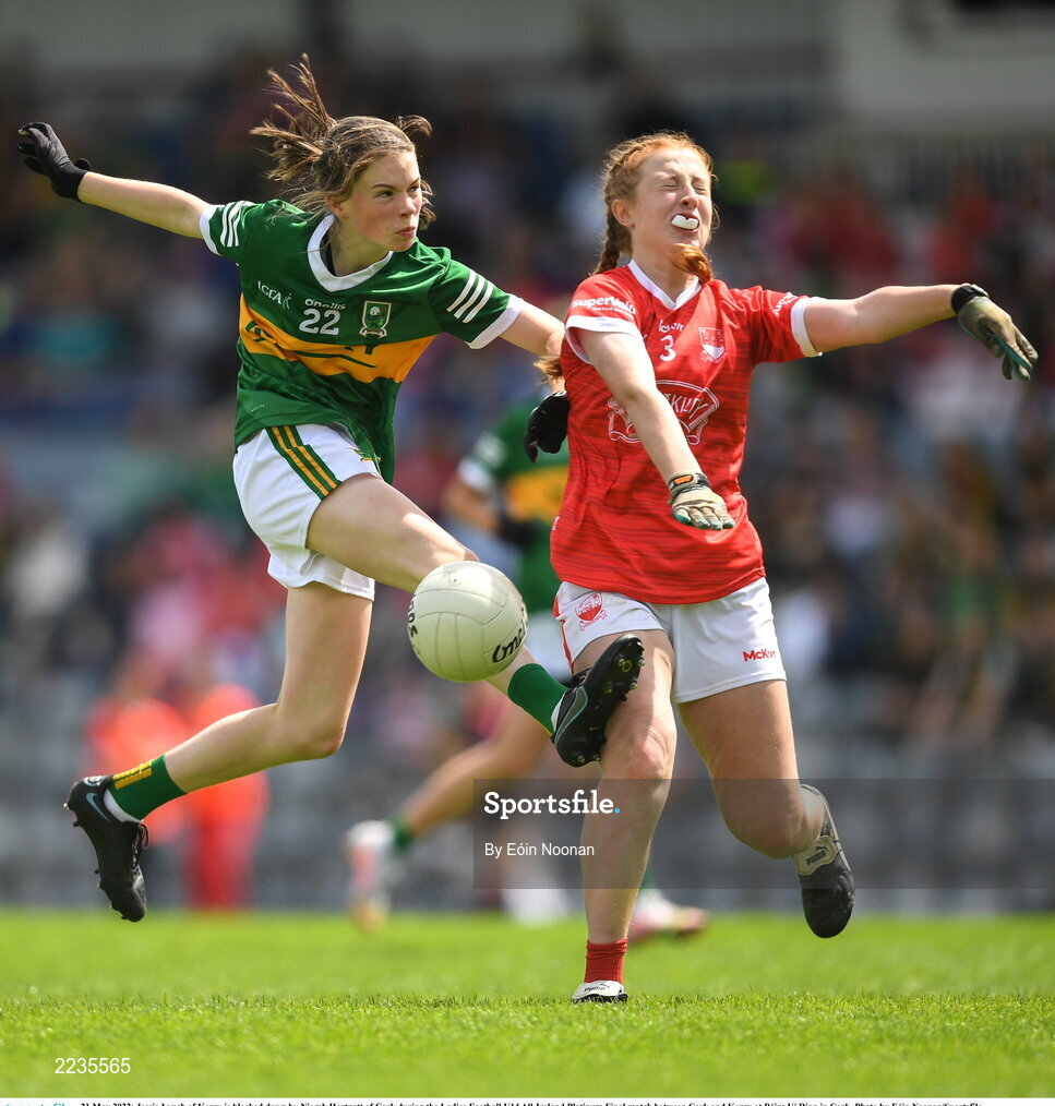 21 May 2022; Jessie Lynch of Kerry is blocked down by Niamh Hartnett of Cork during the Ladies Football U14 All-Ireland Platinum Final match between Cork and Kerry at Páirc Uí Rinn in Cork. Photo by Eóin Noonan/Sportsfile
