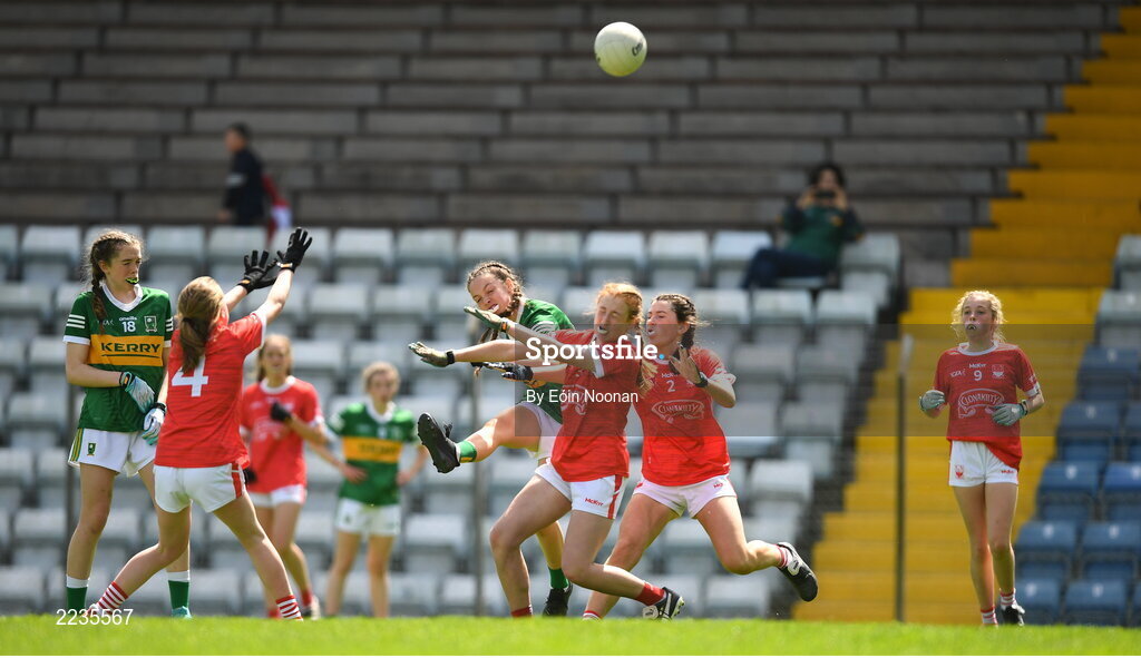 21 May 2022; Naoise O'Donoghue of Kerry scores a point for her side during the Ladies Football U14 All-Ireland Platinum Final match between Cork and Kerry at Páirc Uí Rinn in Cork. Photo by Eóin Noonan/Sportsfile