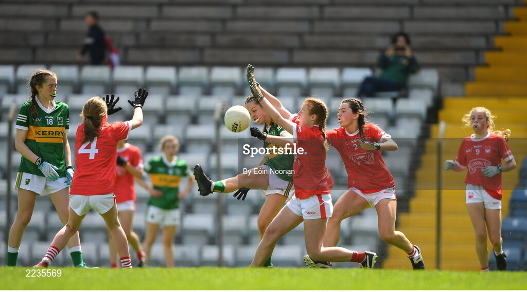 21 May 2022; Naoise O'Donoghue of Kerry scores a point for her side during the Ladies Football U14 All-Ireland Platinum Final match between Cork and Kerry at Páirc Uí Rinn in Cork. Photo by Eóin Noonan/Sportsfile