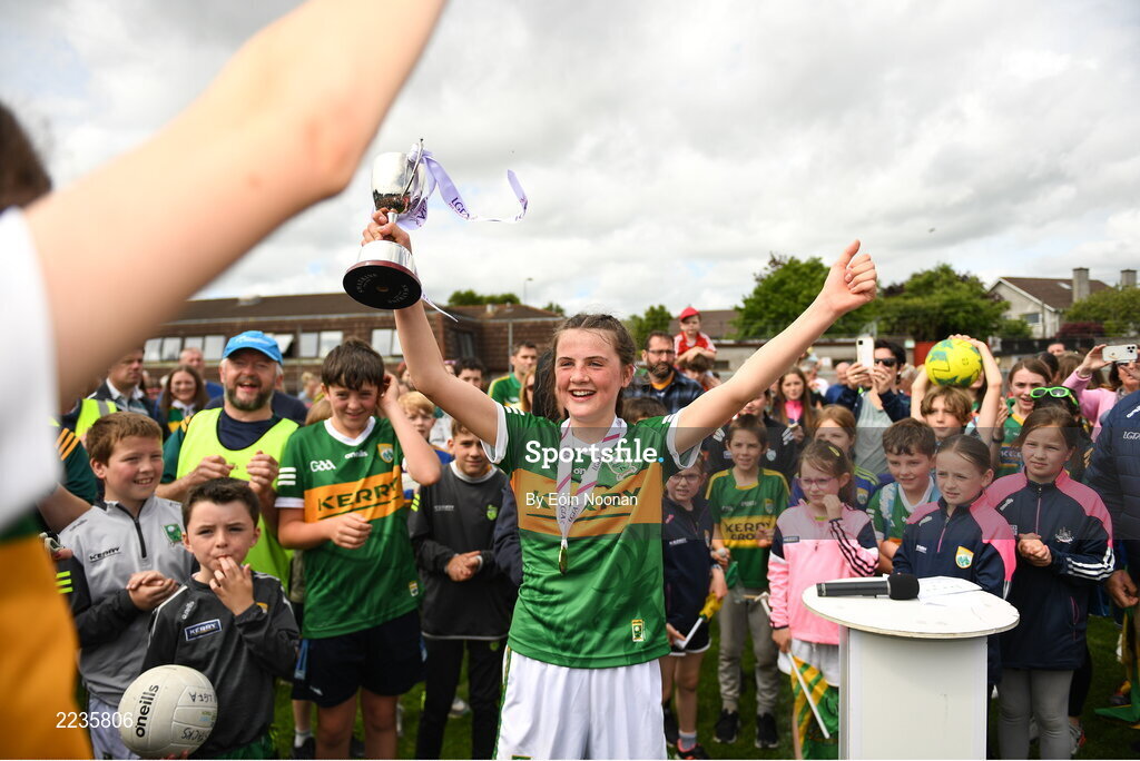 21 May 2022; Kerry captain Jamie Lee O'Connor lifting the cup after the Ladies Football U14 All-Ireland Platinum Final match between Cork and Kerry at Páirc Uí Rinn in Cork. Photo by Eóin Noonan/Sportsfile