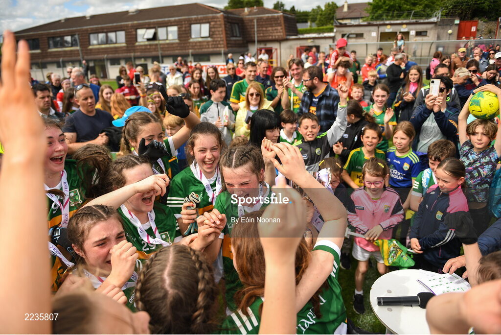 21 May 2022; Kerry players celebrate with the cup after the Ladies Football U14 All-Ireland Platinum Final match between Cork and Kerry at Páirc Uí Rinn in Cork. Photo by Eóin Noonan/Sportsfile