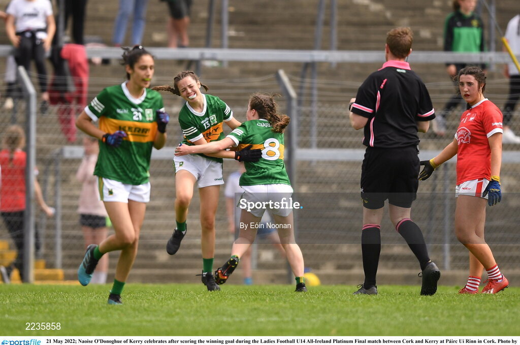 21 May 2022; Naoise O'Donoghue of Kerry celebrates after scoring the winning goal during the Ladies Football U14 All-Ireland Platinum Final match between Cork and Kerry at Páirc Uí Rinn in Cork. Photo by Eóin Noonan/Sportsfile