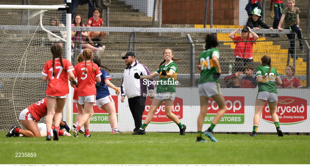 21 May 2022; Naoise O'Donoghue of Kerry celebrates after scoring the winning goal during the Ladies Football U14 All-Ireland Platinum Final match between Cork and Kerry at Páirc Uí Rinn in Cork. Photo by Eóin Noonan/Sportsfile