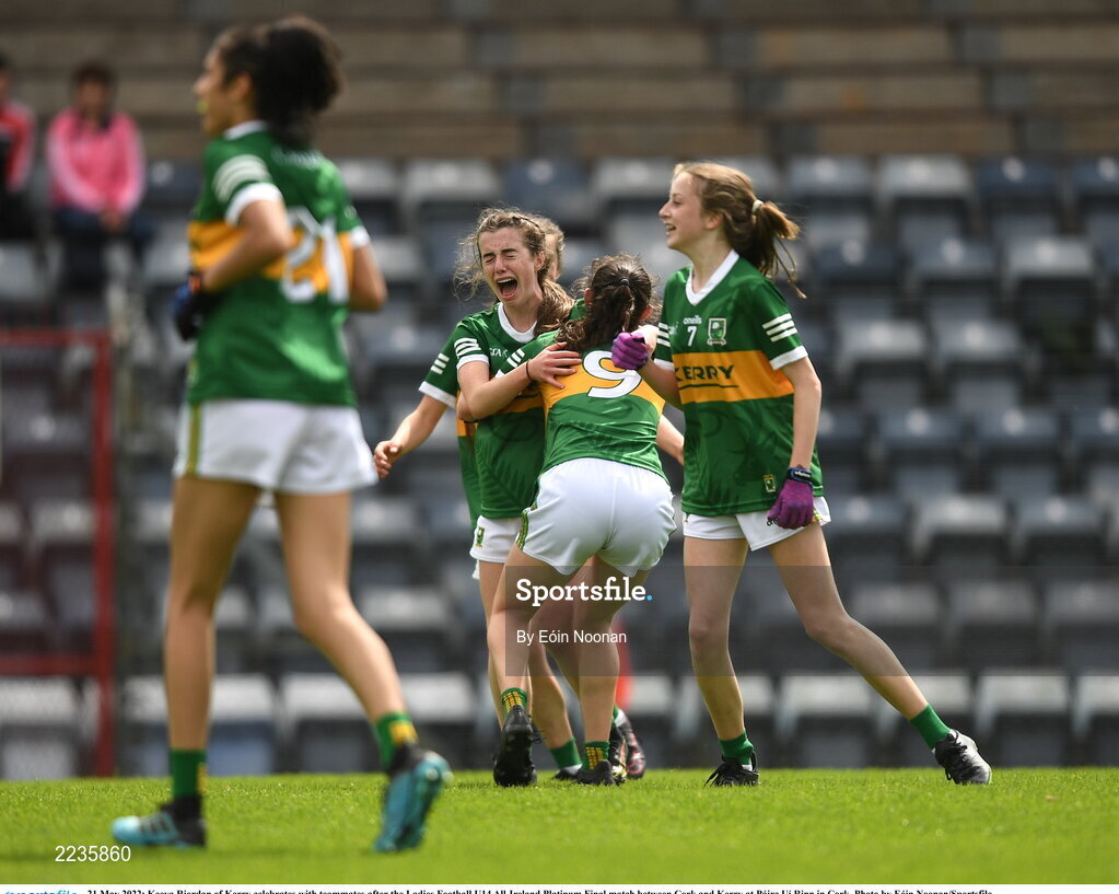 21 May 2022; Keeva Riordan of Kerry celebrates with teammates after the Ladies Football U14 All-Ireland Platinum Final match between Cork and Kerry at Páirc Uí Rinn in Cork. Photo by Eóin Noonan/Sportsfile