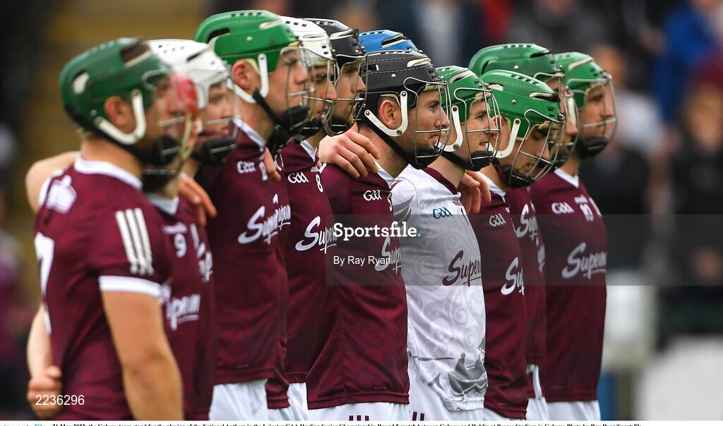 21 May 2022; the Galway team stand for the playing of the National Anthem in the Leinster GAA Hurling Senior Championship Round 5 match between Galway and Dublin at Pearse Stadium in Galway. Photo by Ray Ryan/Sportsfile