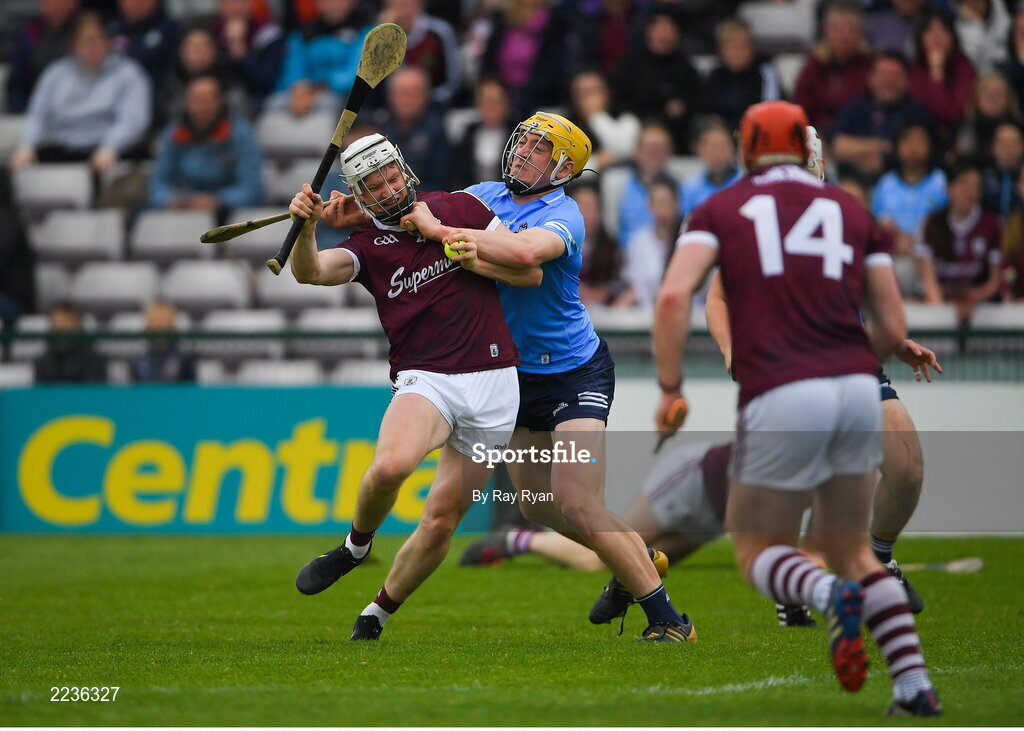 21 May 2022; Darren Morrissey of Galway in action against Daire Gray of Dublin during the Leinster GAA Hurling Senior Championship Round 5 match between Galway and Dublin at Pearse Stadium in Galway. Photo by Ray Ryan/Sportsfile