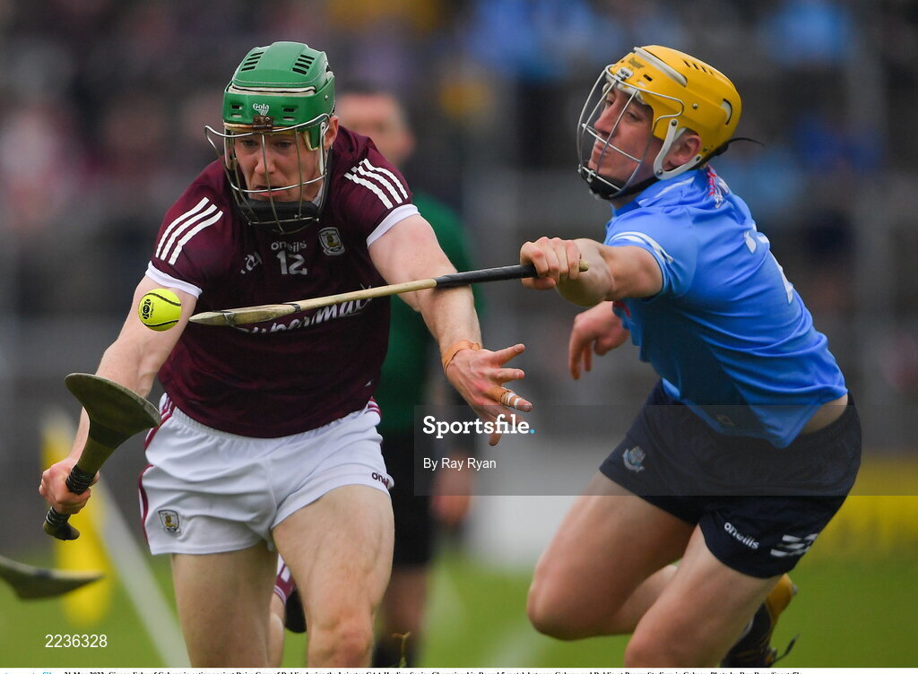 21 May 2022; Cianan Fahy of Galway in action against Daire Gray of Dublin during the Leinster GAA Hurling Senior Championship Round 5 match between Galway and Dublin at Pearse Stadium in Galway. Photo by Ray Ryan/Sportsfile