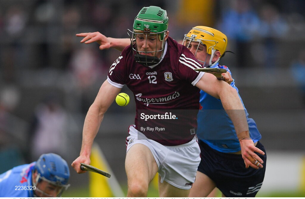21 May 2022; Cianan Fahy of Galway in action against Daire Gray of Dublin during the Leinster GAA Hurling Senior Championship Round 5 match between Galway and Dublin at Pearse Stadium in Galway. Photo by Ray Ryan/Sportsfile