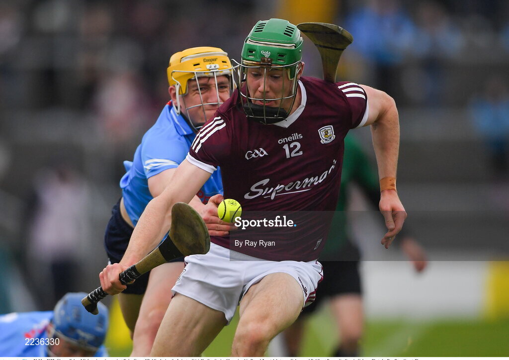 21 May 2022; Cianan Fahy of Galway in action against Daire Gray of Dublin during the Leinster GAA Hurling Senior Championship Round 5 match between Galway and Dublin at Pearse Stadium in Galway. Photo by Ray Ryan/Sportsfile