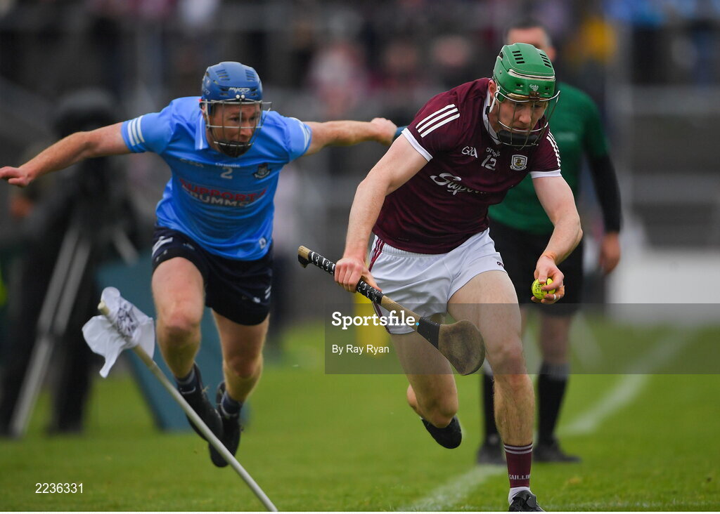 21 May 2022; Cianan Fahy of Galway in action against John Bellow of Dublin during the Leinster GAA Hurling Senior Championship Round 5 match between Galway and Dublin at Pearse Stadium in Galway. Photo by Ray Ryan/Sportsfile