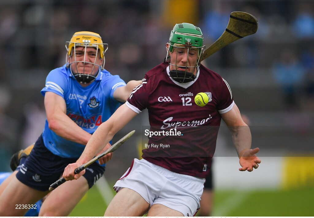 21 May 2022; Cianan Fahy of Galway in action against Daire Gray of Dublin during the Leinster GAA Hurling Senior Championship Round 5 match between Galway and Dublin at Pearse Stadium in Galway. Photo by Ray Ryan/Sportsfile
