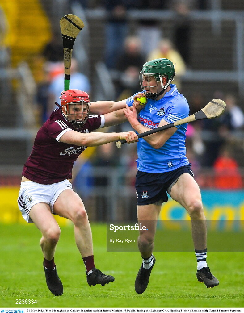 21 May 2022; Tom Monaghan of Galway in action against James Madden of Dublin during the Leinster GAA Hurling Senior Championship Round 5 match between Galway and Dublin at Pearse Stadium in Galway. Photo by Ray Ryan/Sportsfile