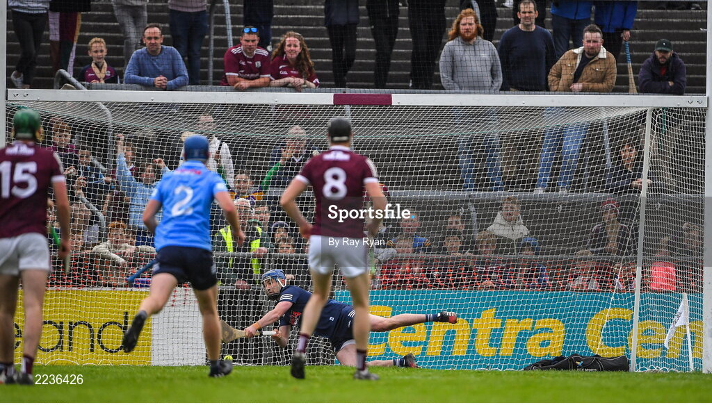 21 May 2022;Dublin goalkeeper Sean Brennan saves a penalty during the Leinster GAA Hurling Senior Championship Round 5 match between Galway and Dublin at Pearse Stadium in Galway. Photo by Ray Ryan/Sportsfile