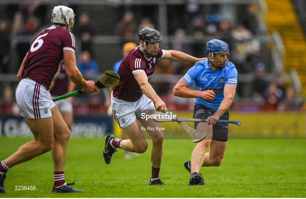 21 May 2022; John Bellow of Dublin in action against Joseph Cooney of Galway during the Leinster GAA Hurling Senior Championship Round 5 match between Galway and Dublin at Pearse Stadium in Galway. Photo by Ray Ryan/Sportsfile