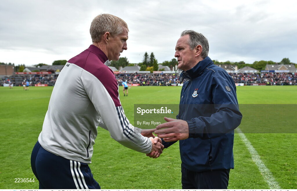 21 May 2022; Galway manager Henry Shefflin shakes hands with Dublin manager Mattie Kenny at the end of the game in the Leinster GAA Hurling Senior Championship Round 5 match between Galway and Dublin at Pearse Stadium in Galway. Photo by Ray Ryan/Sportsfile
