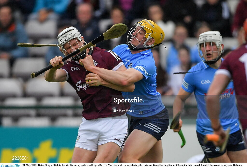 21 May 2022; Daire Gray of Dublin breaks his hurley as he challenges Darren Morrissey of Galway during the Leinster GAA Hurling Senior Championship Round 5 match between Galway and Dublin at Pearse Stadium in Galway. Photo by Ray Ryan/Sportsfile