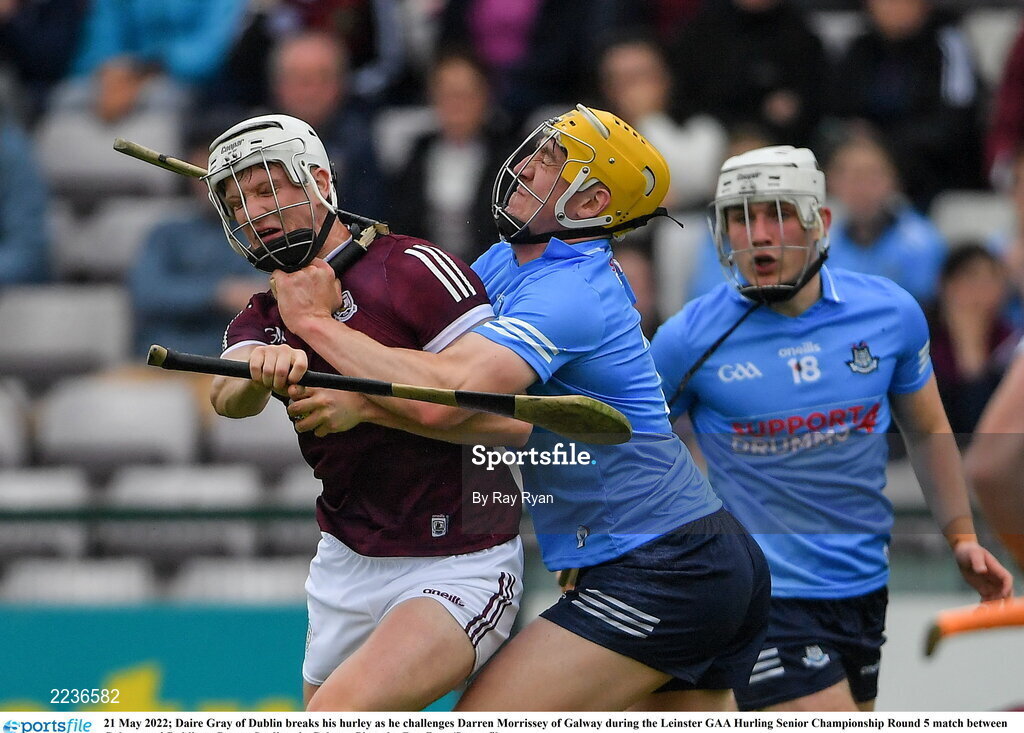 21 May 2022; Daire Gray of Dublin breaks his hurley as he challenges Darren Morrissey of Galway during the Leinster GAA Hurling Senior Championship Round 5 match between Galway and Dublin at Pearse Stadium in Galway. Photo by Ray Ryan/Sportsfile