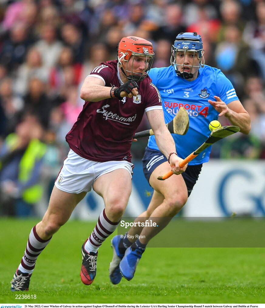21 May 2022; Conor Whelan of Galway in action against Eoghan O’Donnell of Dublin during the Leinster GAA Hurling Senior Championship Round 5 match between Galway and Dublin at Pearse Stadium in Galway. Photo by Ray Ryan/Sportsfile
