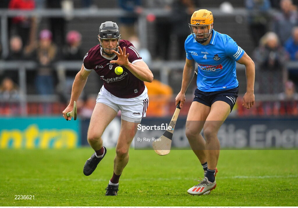 21 May 2022; Joseph Cooney of Galway in action against Cian O’Callaghan of Dublin during the Leinster GAA Hurling Senior Championship Round 5 match between Galway and Dublin at Pearse Stadium in Galway. Photo by Ray Ryan/Sportsfile