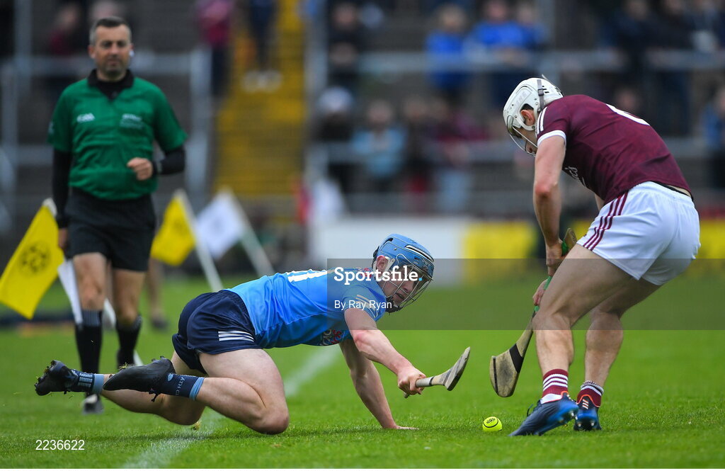 21 May 2022; Rian McBride of Dublin in action against Gearoid McInerney of Galway during the Leinster GAA Hurling Senior Championship Round 5 match between Galway and Dublin at Pearse Stadium in Galway. Photo by Ray Ryan/Sportsfile