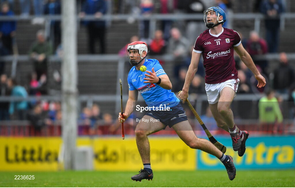 21 May 2022; Paddy Smith of Dublin in action against Conor Cooney of Galway during the Leinster GAA Hurling Senior Championship Round 5 match between Galway and Dublin at Pearse Stadium in Galway. Photo by Ray Ryan/Sportsfile