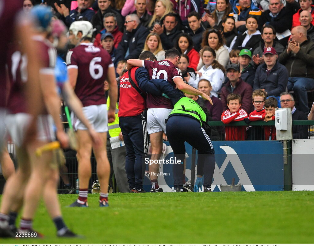 21 May 2022; David Burke of Galway is taken off after getting injured during the Leinster GAA Hurling Senior Championship Round 5 match between Galway and Dublin at Pearse Stadium in Galway. Photo by Ray Ryan/Sportsfile