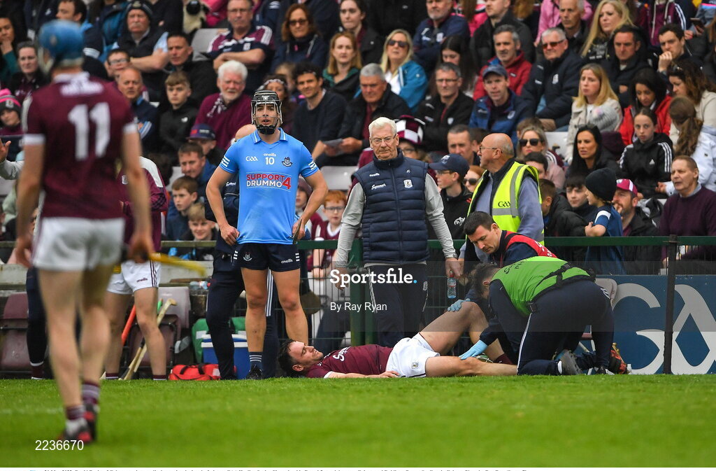 21 May 2022; David Burke of Galway receives medical attention during the Leinster GAA Hurling Senior Championship Round 5 match between Galway and Dublin at Pearse Stadium in Galway. Photo by Ray Ryan/Sportsfile
