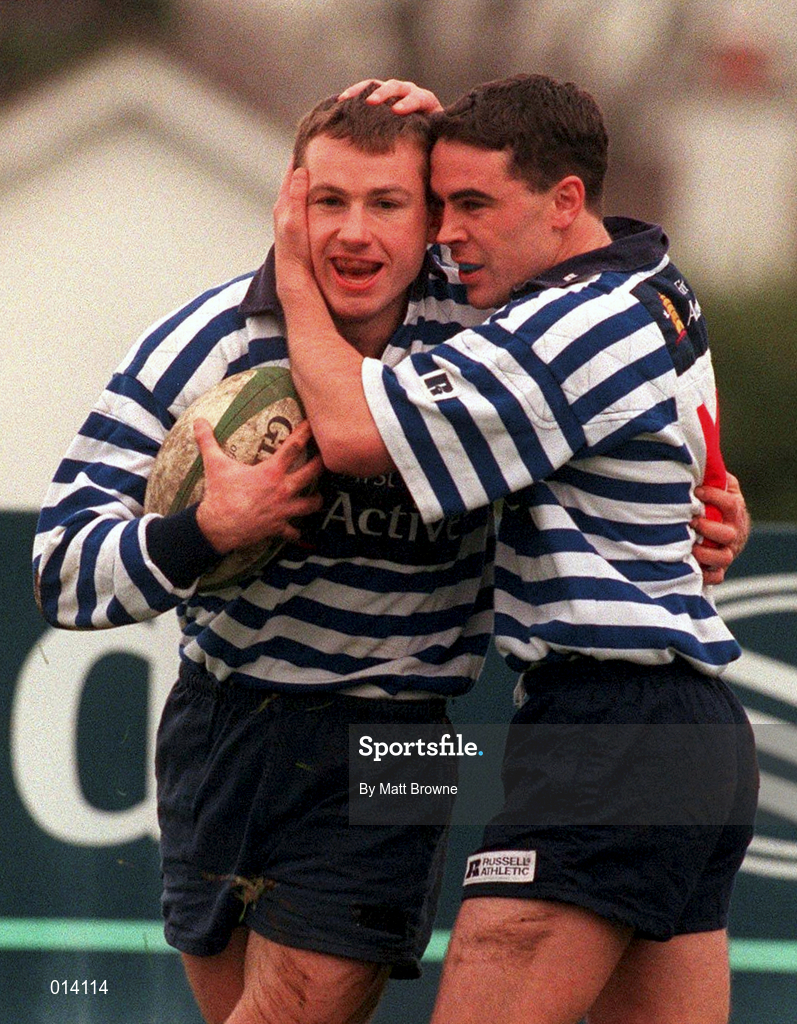 22 November 1997: Blackrock's Alan McGowan, left, is congratulated by team-mate Aidan Guinan after scoring his sides first try during the AIB All Ireland League Division 1 match between Blackrock and St Mary's College at Templeville Road in Dublin. Photo by Matt Browne/Sportsfile