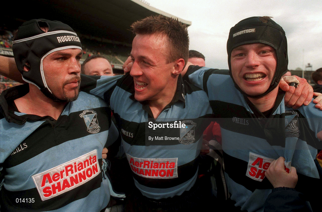25 April 1998; Man of the Match Andrew Thompson of Shannon, centre, celebrates with team-mates Rhys Ellison, left, and Paul McMahon following the AIB All-Ireland League Division 1 Final match between Garryowen and Shannon at Lansdowne Road in Dublin. Photo by Matt Browne/Sportsfile