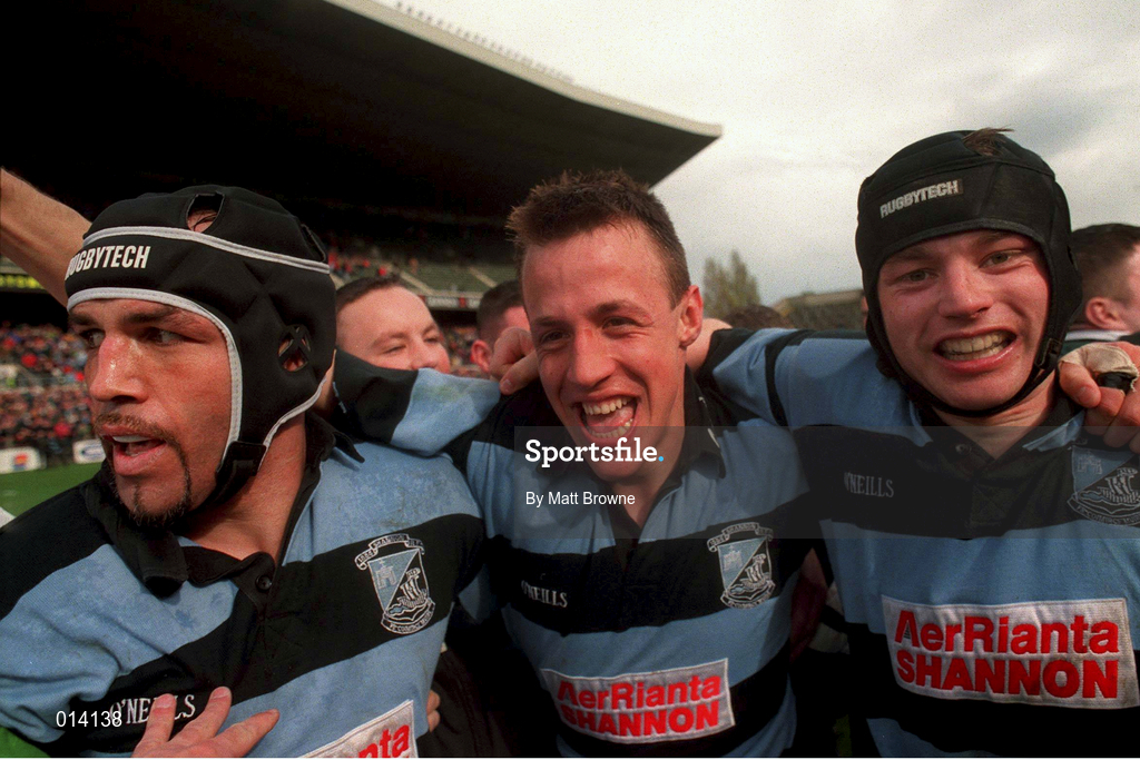 25 April 1998; Man of the Match Andrew Thompson of Shannon, centre, celebrates with team-mates Rhys Ellison, left, and Paul McMahon following the AIB All-Ireland League Division 1 Final match between Garryowen and Shannon at Lansdowne Road in Dublin. Photo by Matt Browne/Sportsfile